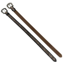 Cinto Masculino Paul Western Couro Natural E Preto Entalhado Folhas Costura Lateral Ref:496