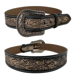 Cinto Masculino Paul Western Couro Natural E Preto Entalhado Folhas Costura Lateral Ref:496