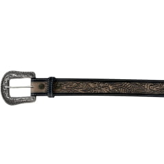 Cinto Masculino Paul Western Couro Natural E Preto Entalhado Folhas Costura Lateral Ref:496