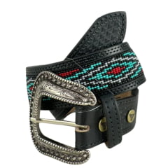Cinto Masculino Paul Western Couro Preto Bordado Miçanga Azul Preto E Vermelho Com Ponteira Ref: 351