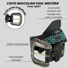 Cinto Masculino Paul Western Couro Preto Bordado Miçanga Azul Preto E Vermelho Com Ponteira Ref: 351