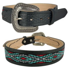 Cinto Masculino Paul Western Couro Preto Bordado Miçanga Azul Preto E Vermelho Com Ponteira Ref: 351