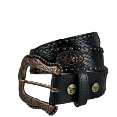 Cinto Masculino Paul Western Couro Preto Com Tachinhas E Medalhas Douradas E Fivela Entalhado Ramo Ref: 353
