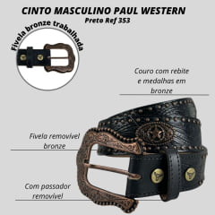 Cinto Masculino Paul Western Couro Preto Com Tachinhas E Medalhas Douradas E Fivela Entalhado Ramo Ref: 353