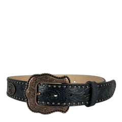 Cinto Masculino Paul Western Couro Preto Com Tachinhas E Medalhas Douradas E Fivela Entalhado Ramo Ref: 353