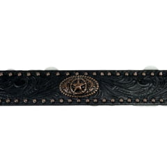 Cinto Masculino Paul Western Couro Preto Com Tachinhas E Medalhas Douradas E Fivela Entalhado Ramo Ref: 353