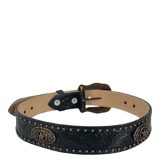 Cinto Masculino Paul Western Couro Preto Com Tachinhas E Medalhas Douradas E Fivela Entalhado Ramo Ref: 353