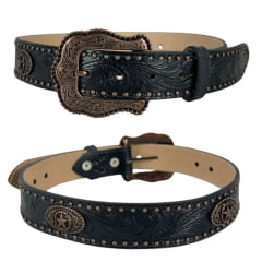 Cinto Masculino Paul Western Couro Preto Com Tachinhas E Medalhas Douradas E Fivela Entalhado Ramo Ref: 353