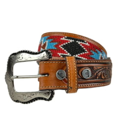 Cinto Masculino Pyramid Country 100% Couro Caramelo Com Miçangas Preto/Vermelho/Azul - REF: PY-7320