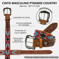 Cinto Masculino Pyramid Country 100% Couro Caramelo Com Miçangas Preto/Vermelho/Azul - REF: PY-7320