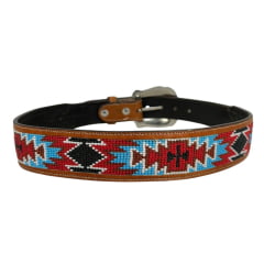 Cinto Masculino Pyramid Country 100% Couro Caramelo Com Miçangas Preto/Vermelho/Azul - REF: PY-7320