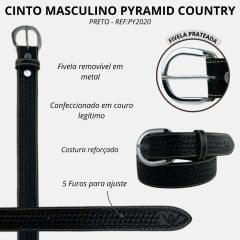 Cinto Masculino Pyramid Country Couro Balaiado Preto Com Costura 3,9cm REF:PY2020