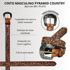 Cinto Masculino Pyramid Country Couro Bordado Lixado Ramo - REF: PY-619