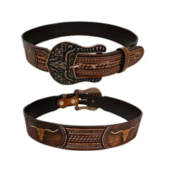 Cinto Masculino Pyramid Country Couro Caramelo Despontado Entalhado Long Horn Ref. PY7900