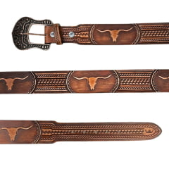 Cinto Masculino Pyramid Country Couro Caramelo Despontado Entalhado Long Horn Ref. PY7900