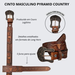 Cinto Masculino Pyramid Country Couro Caramelo Despontado Entalhado Long Horn Ref. PY7900