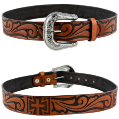 Cinto Masculino Pyramid Country Couro Caramelo Entalhado Cruz Ref.PY6626