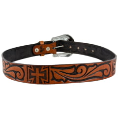Cinto Masculino Pyramid Country Couro Caramelo Entalhado Cruz Ref.PY6626