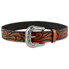 Cinto Masculino Pyramid Country Couro Caramelo Entalhado Cruz Ref.PY6626