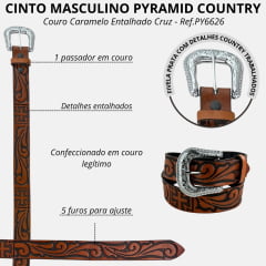 Cinto Masculino Pyramid Country Couro Caramelo Entalhado Cruz Ref.PY6626
