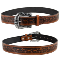 Cinto Masculino Pyramid Country Couro Caramelo Entalhado Fazenda Ref.PY3300