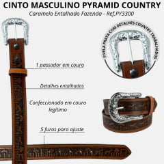Cinto Masculino Pyramid Country Couro Caramelo Entalhado Fazenda Ref.PY3300