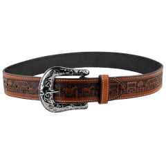 Cinto Masculino Pyramid Country Couro Caramelo Entalhado Fazenda Ref.PY3300