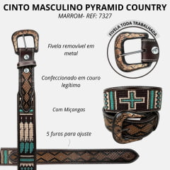 Cinto Masculino Pyramid Country Couro Marrom Com Miçanga Pena/Cruz Com Ponteira Ref.PY- 7327