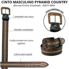 Cinto Masculino Pyramid Country Couro Marrom/Creme Entalhado Frizo Lateral Fivela Ouro Envelhecido Ref:PY-9804