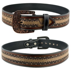 Cinto Masculino Pyramid Country Couro Marrom/Creme Entalhado Frizo Lateral Fivela Ouro Envelhecido Ref:PY-9804