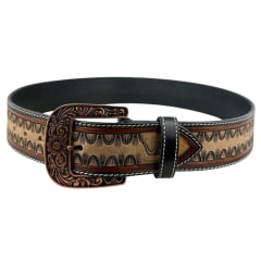 Cinto Masculino Pyramid Country Couro Marrom/Creme Entalhado Frizo Lateral Fivela Ouro Envelhecido Ref:PY-9804