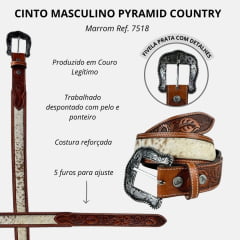 Cinto Masculino Pyramid Country de Couro Marrom Trabalhado Despontado C/ Pelo e Ponteiro-Ref: 7518