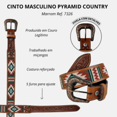 Cinto Masculino Pyramid Country de Couro Marrom Trabalhado e Miçangas - Ref: 7326