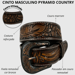 Cinto Masculino Pyramid Country Marrom Entalhado Pena Cactos Degradê - Ref.PY-6764
