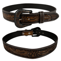 Cinto Masculino Pyramid Country Marrom Entalhado Pena Cactos Degradê - Ref.PY-6764