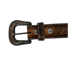 Cinto Masculino Pyramid Country Marrom Entalhado Pena Cactos Degradê - Ref.PY-6764