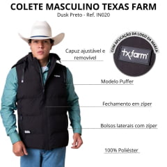 Colete Masculino Texas Farm Puffer Dusk Preto Com Capuz Removível Logo Aplicada Ref: IN020