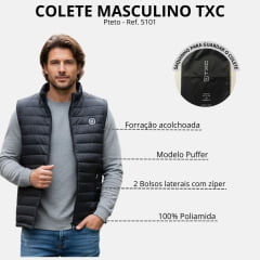 Colete Masculino TXC Puffer Nylon Coli Preto Com Logo Branco Ref:5101