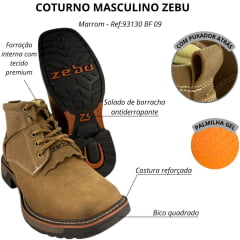Coturno Masculino Zebu Bico Quadrado Couro Bufalo Castor - Ref:93130 BF 09