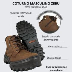 Coturno Masculino Zebu Bico Redondo Couro Mustang Terra/Café Com Zíper Ref:65060 MS05