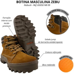 Coturno Masculino Zebu Bico Redondo Couro Nobuck Castor CF/SLA/CF Com 1 Ziper Lateral Ref:65050 NB 09