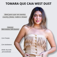 Cropped Tomara que Caia West Dust Bege Camelo de Camurça Com Franjas e Botões Dourado Ref.TC29384