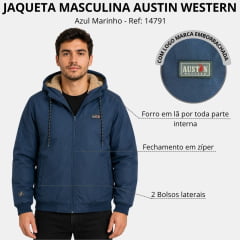 Jaqueta Masculina Austin Western Azul Marinho Com Capuz Bolsos E Forro Em Lã - Ref:14791