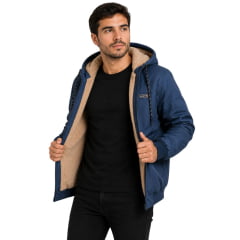 Jaqueta Masculina Austin Western Azul Marinho Com Capuz Bolsos E Forro Em Lã - Ref:14791
