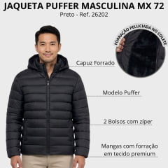 Jaqueta Masculina MX 72 Puffer Com Pelinho Interno e Capuz 100% Poliéster Ref: 26202