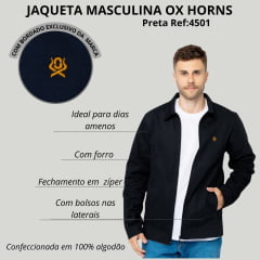 Jaqueta Masculina Ox Horns Preta 100% Algodão Com Forro Xadrez Em Azul Ref:4501/4502