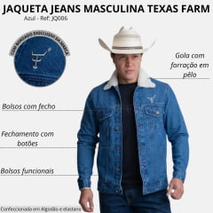 Jaqueta Masculina Texas Farm Jeans Youth Azul Com Pelo Na Gola E Bordado Ref. JQ006