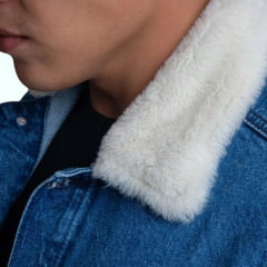 Jaqueta Masculina Texas Farm Jeans Youth Azul Com Pelo Na Gola E Bordado Ref. JQ006