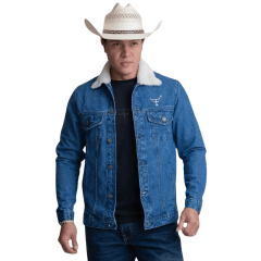 Jaqueta Masculina Texas Farm Jeans Youth Azul Com Pelo Na Gola E Bordado Ref. JQ006