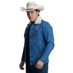 Jaqueta Masculina Texas Farm Jeans Youth Azul Com Pelo Na Gola E Bordado Ref. JQ006